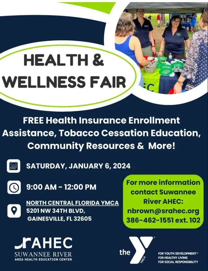Navy blue, green, and white flyer stating "Health & Wellness Fair"